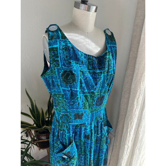 Women's M/L Dress Blue Green Cotton Day Dress Sleeveless Pockets Button Vintage - Picture 2 of 3